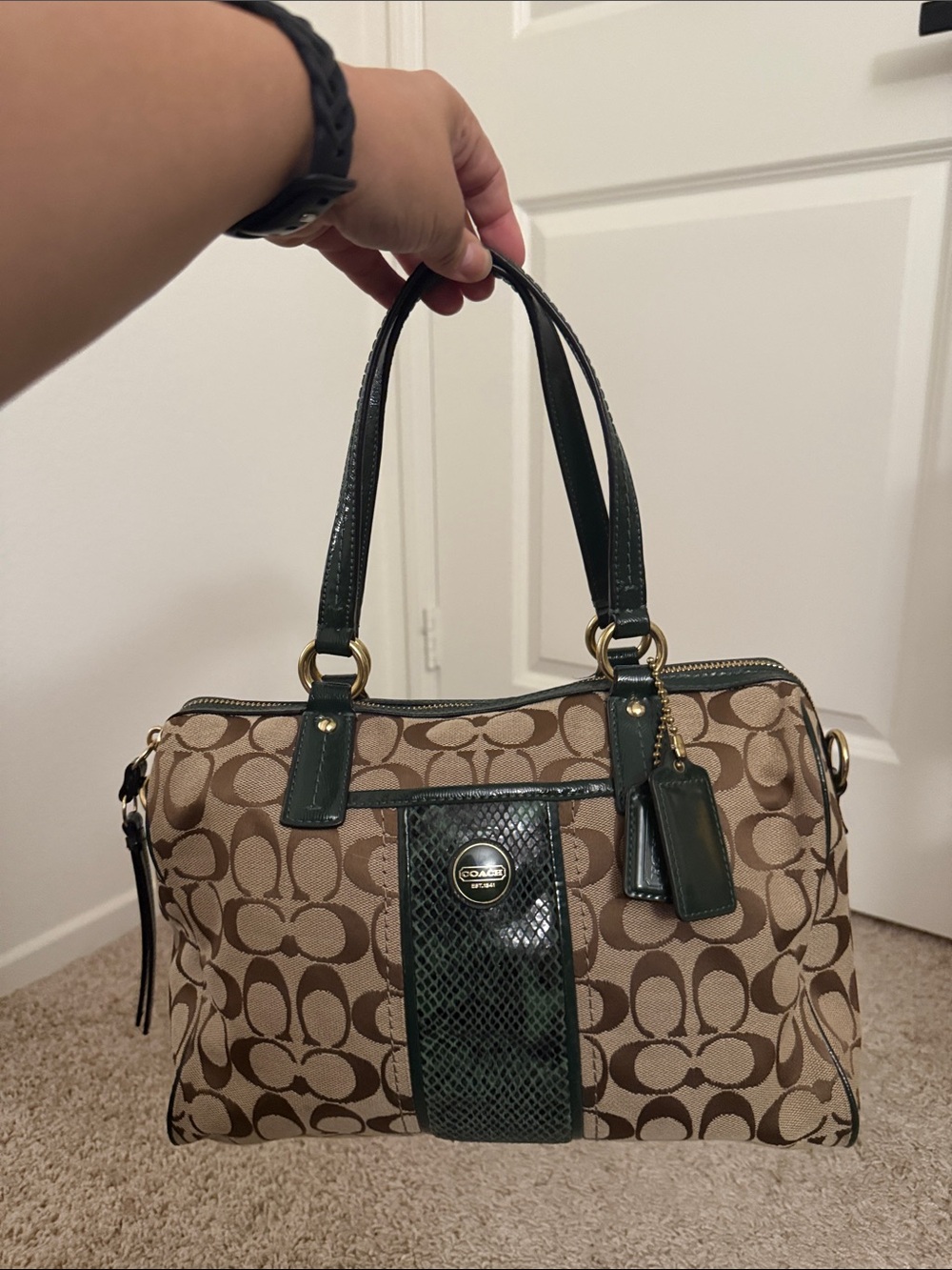 Coach Tan Signature Satchel with Dark Green Trim